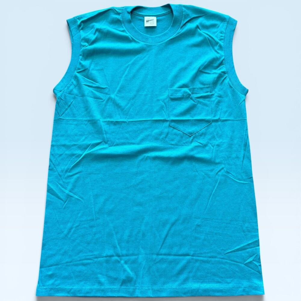 Muscle Shirt Mens Large Blue Pocket Sleeveless Tank Tee T-Shirt Workout USA